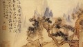 Shitao en meditación al pie de las montañas imposible 1695 tinta china antigua